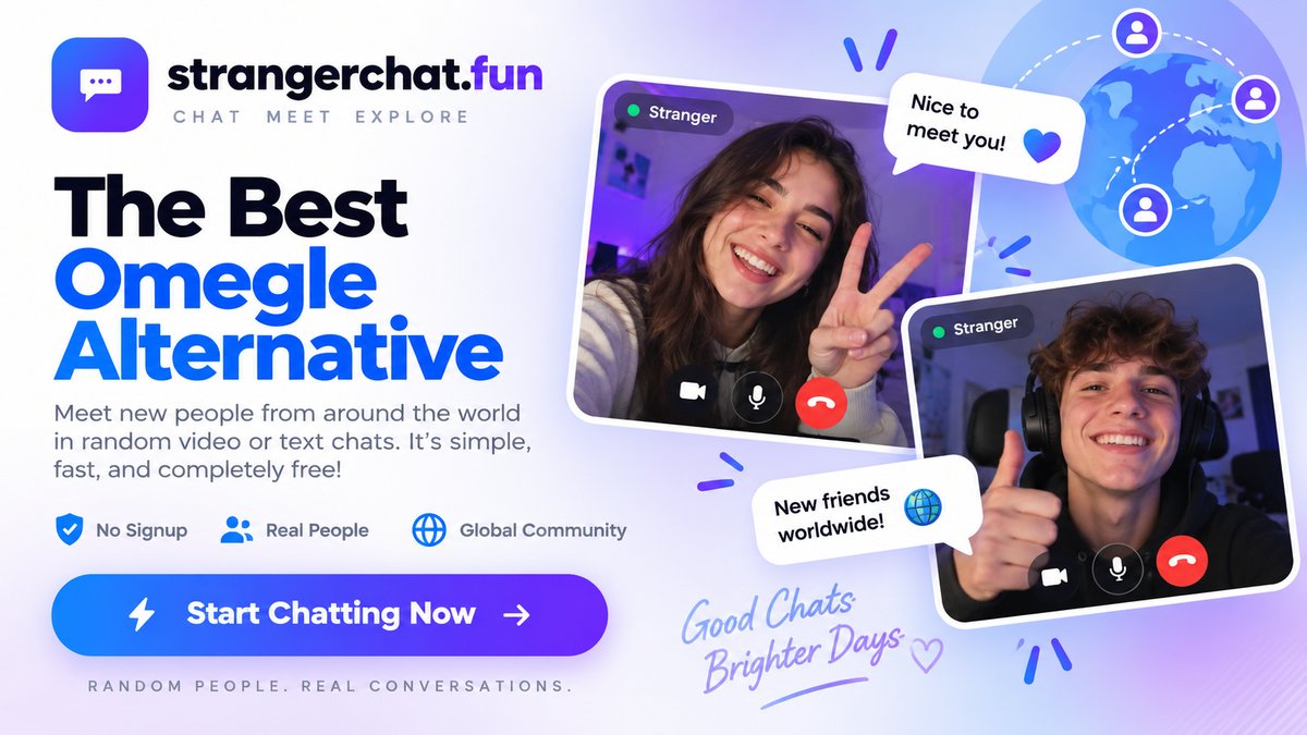 Two people on a random video chat saying hello to strangers worldwide on StrangerChat, the Omegle alternative